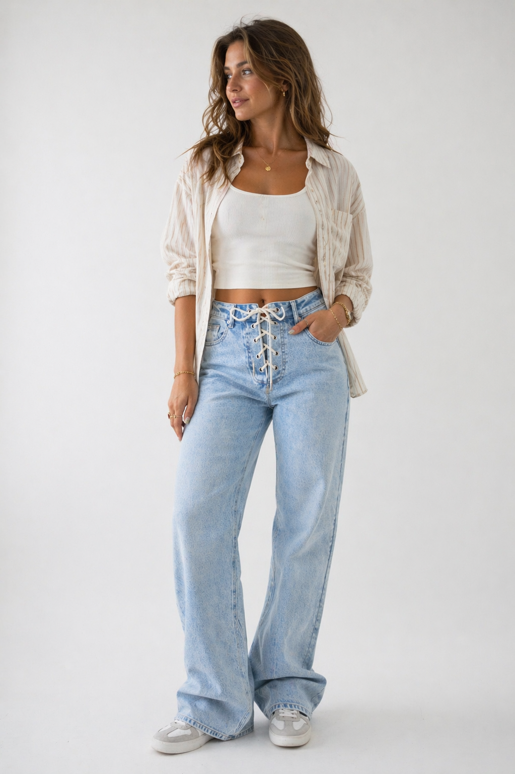 Loose fit jeans med bindebånd - Høj model