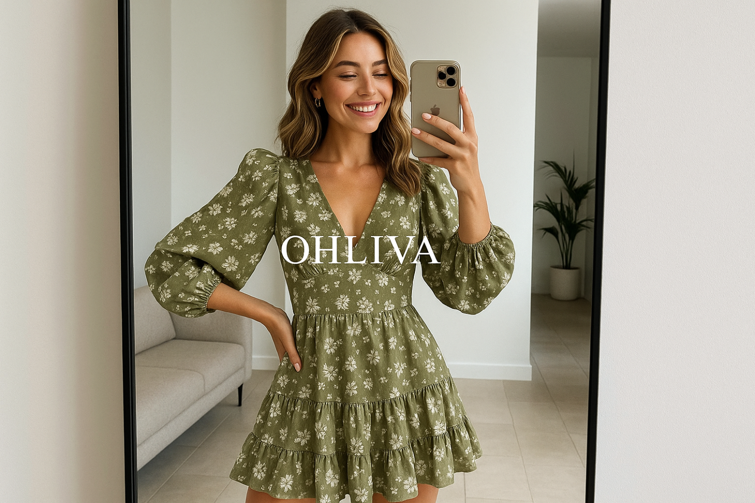 Maak in instagram post foto met een jonge dame die een selfie maakt in de spiegel met een leuk jurkje van ohlivva.